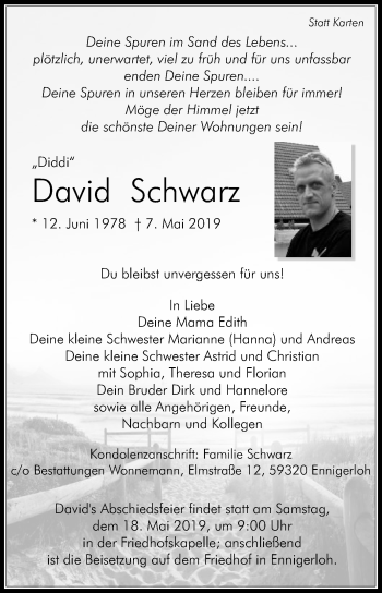 Traueranzeige von David Schwarz von Die Glocke