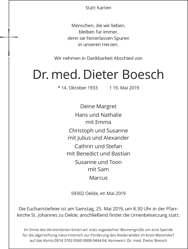  Traueranzeige für Dieter Boesch vom 22.05.2019 aus Die Glocke