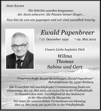 Traueranzeige von Ewald Papenbreer von Die Glocke