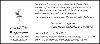 Traueranzeige von Friedhilde Wagemann von Die Glocke