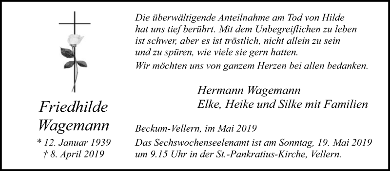  Traueranzeige für Friedhilde Wagemann vom 11.05.2019 aus Die Glocke