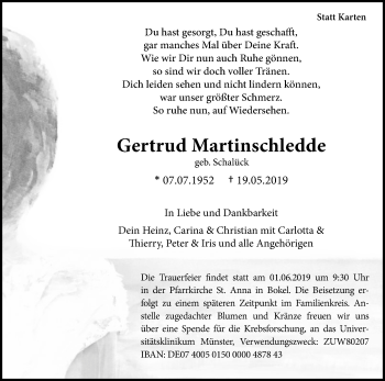 Traueranzeige von Gertrud Martinschledde von Die Glocke