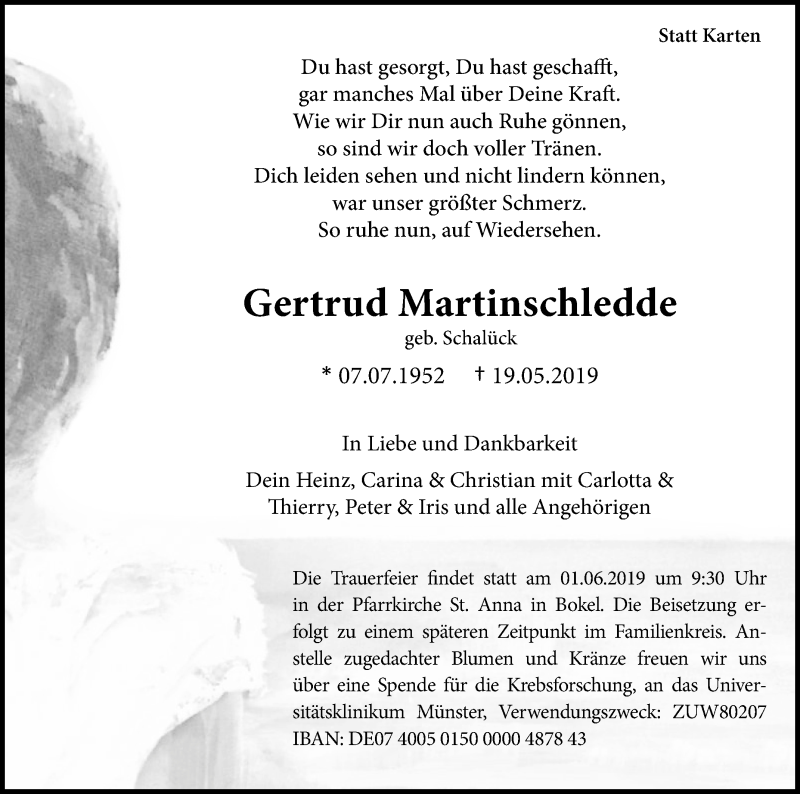  Traueranzeige für Gertrud Martinschledde vom 24.05.2019 aus Die Glocke