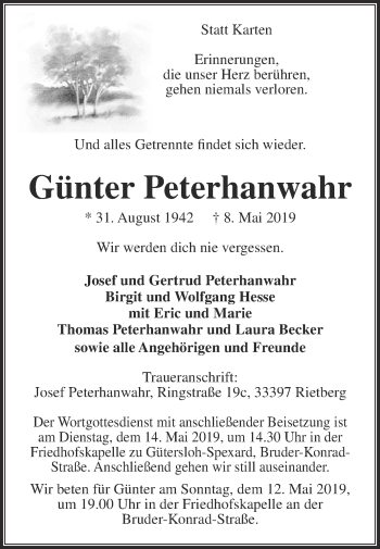 Traueranzeige von Günter Peterhanwahr von Die Glocke