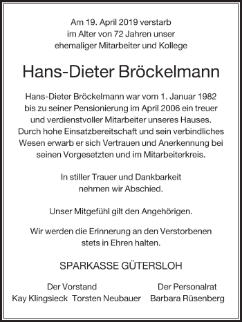 Traueranzeige von Hans-Dieter Bröckelmann von Die Glocke