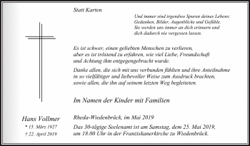 Traueranzeige von Hans Vollmer von Die Glocke