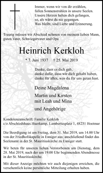 Traueranzeige von Heinrich Kerkloh von Die Glocke