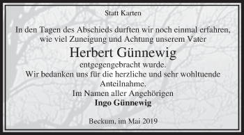 Traueranzeige von Herbert Günnewig von Die Glocke