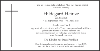 Traueranzeige von Hildegard Heinze von Die Glocke