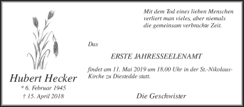 Traueranzeige von Hubert Hecker von Die Glocke