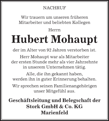 Traueranzeige von Hubert Mohaupt von Die Glocke