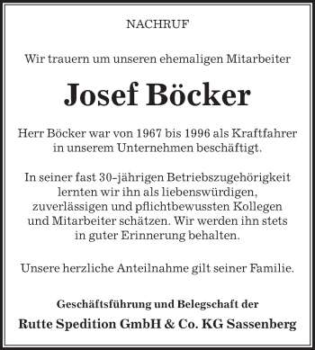 Traueranzeige von Josef Böcker von Die Glocke