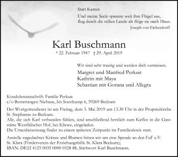 Traueranzeige von Karl Buschmann von Die Glocke