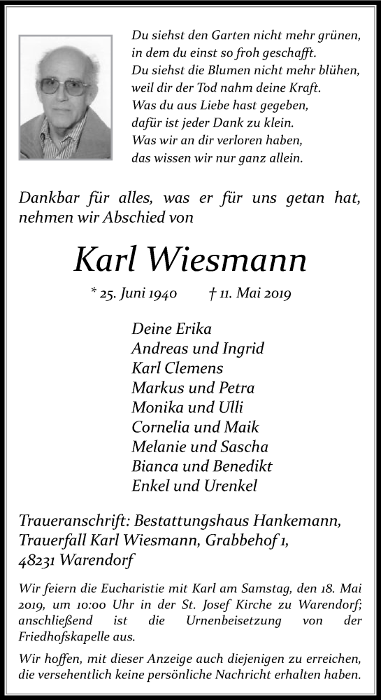  Traueranzeige für Karl Wiesmann vom 14.05.2019 aus Die Glocke