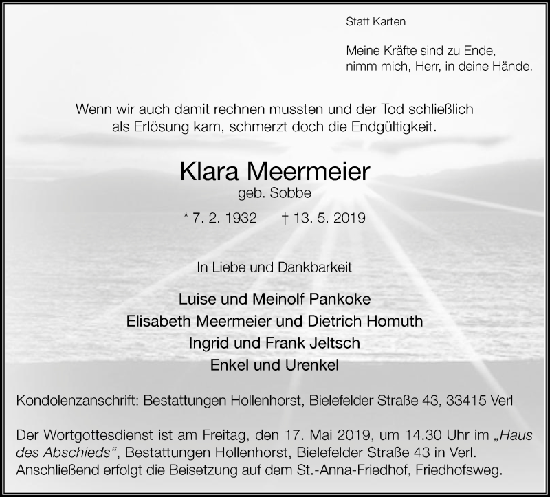  Traueranzeige für Klara Meermeier vom 15.05.2019 aus Die Glocke