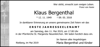 Traueranzeige von Klaus Bergenthal von Die Glocke