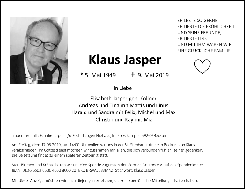  Traueranzeige für Klaus Jasper vom 15.05.2019 aus Die Glocke