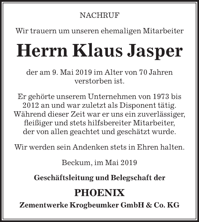  Traueranzeige für Klaus Jasper vom 16.05.2019 aus Die Glocke