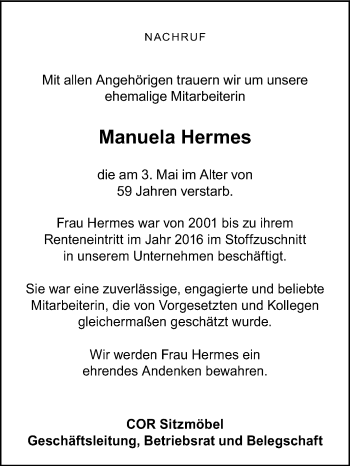 Traueranzeige von Manuela Hermes von Die Glocke