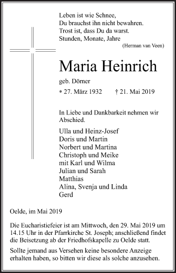 Traueranzeige von Maria Heinrich von Die Glocke