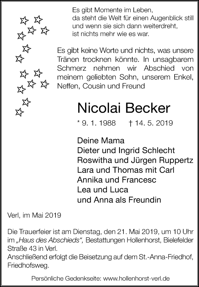  Traueranzeige für Nicolai Becker vom 18.05.2019 aus Die Glocke