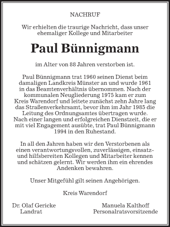 Traueranzeige von Paul Bünnigmann von Die Glocke
