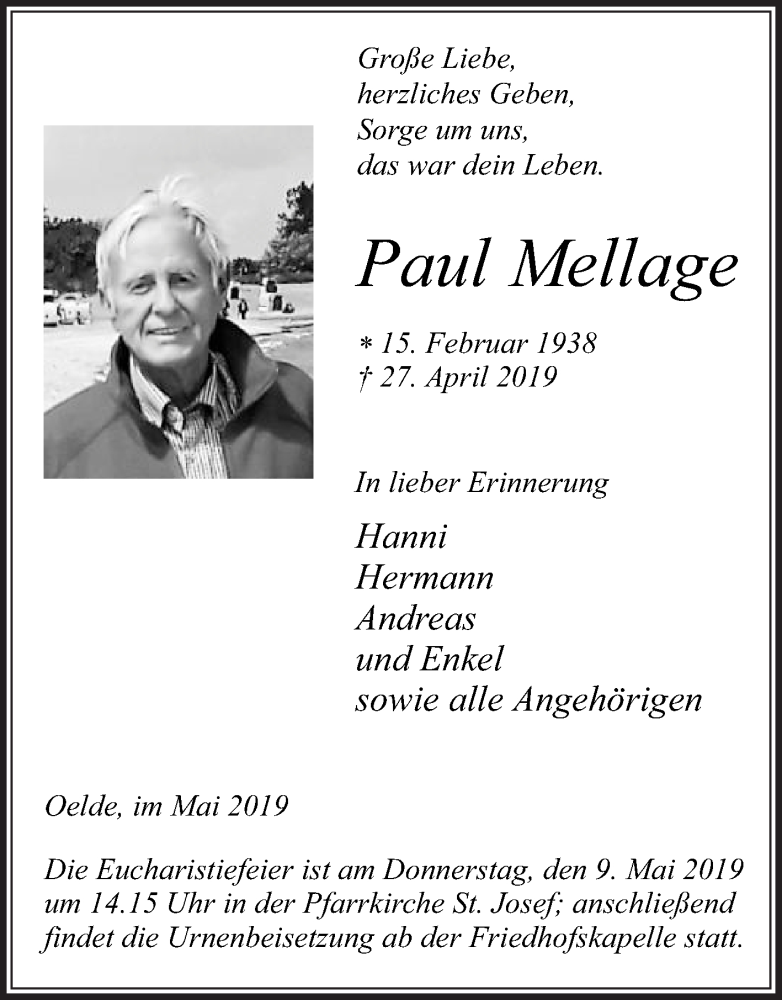  Traueranzeige für Paul Mellage vom 04.05.2019 aus Die Glocke