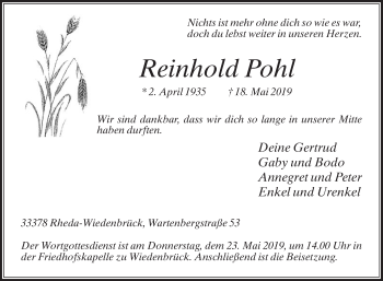 Traueranzeige von Reinhold Pohl von Die Glocke