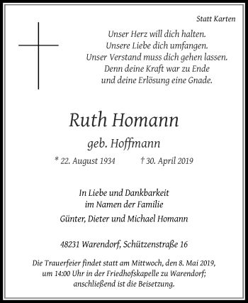 Traueranzeige von Ruth Homann von Die Glocke
