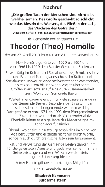 Traueranzeige von Theodor Homölle von Die Glocke