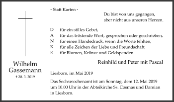 Traueranzeige von Wilhelm Gassemann von Die Glocke