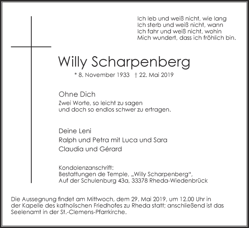  Traueranzeige für Willy Scharpenberg vom 25.05.2019 aus Die Glocke