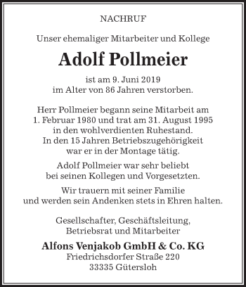 Traueranzeige von Adolf Pollmeier von Die Glocke