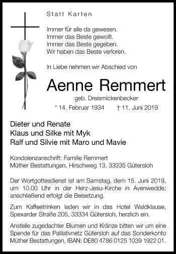 Traueranzeige von Aenne Remmert von Die Glocke