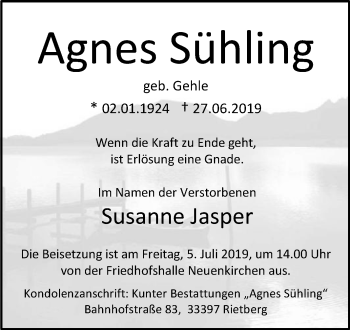 Traueranzeige von Agnes Sühling von Die Glocke