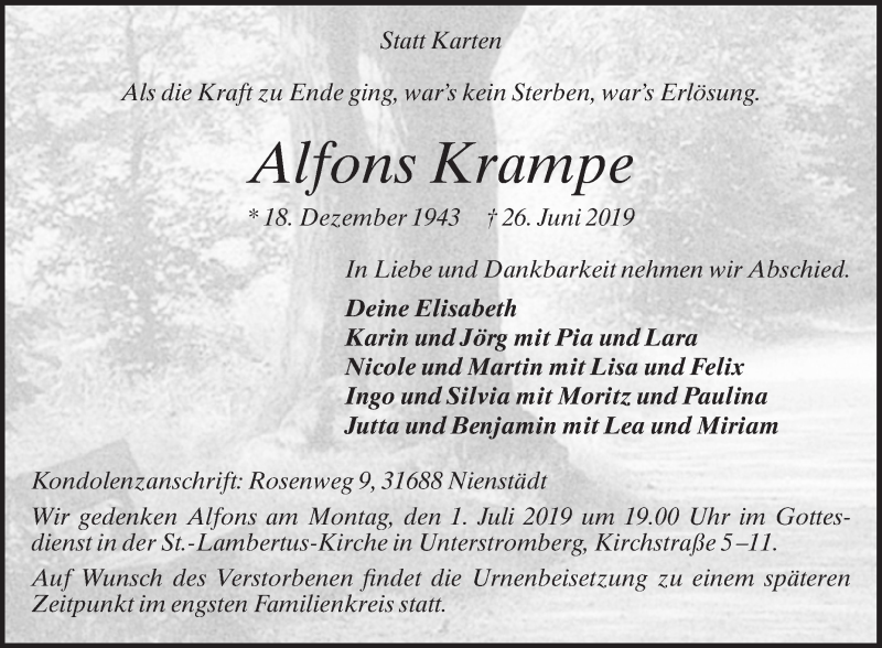  Traueranzeige für Alfons Krampe vom 29.06.2019 aus Die Glocke