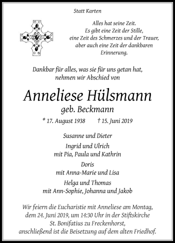 Traueranzeige von Anneliese Hülsmann von Die Glocke