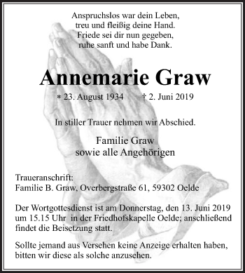 Traueranzeige von Annemarie Graw von Die Glocke