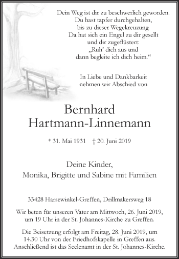 Traueranzeige von Bernhard Hartmann-Linnemann von Die Glocke