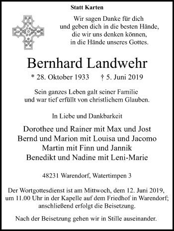 Traueranzeige von Bernhard Landwehr von Die Glocke
