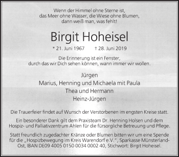Traueranzeige von Birgit Hoheisel von Die Glocke