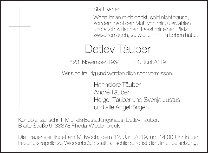  Traueranzeige für Detlev Täuber vom 08.06.2019 aus Die Glocke