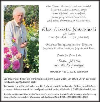 Traueranzeige von Else-Christel Waschinski von Die Glocke