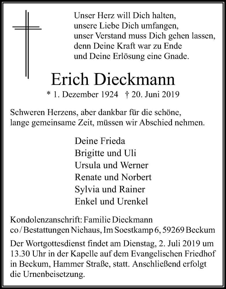  Traueranzeige für Erich Dieckmann vom 26.06.2019 aus Die Glocke