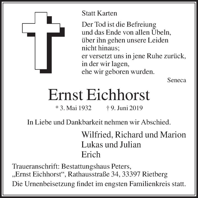  Traueranzeige für Ernst Eichhorst vom 15.06.2019 aus Die Glocke