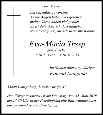 Traueranzeige von Eva-Maria Tresp von Die Glocke
