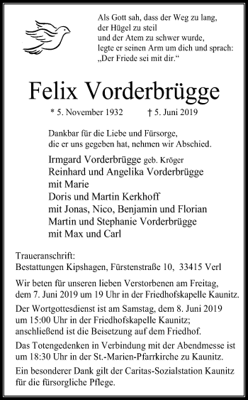 Traueranzeige von Felix Vorderbrügge von Die Glocke