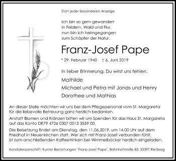 Traueranzeige von Franz-Josef Pape von Die Glocke