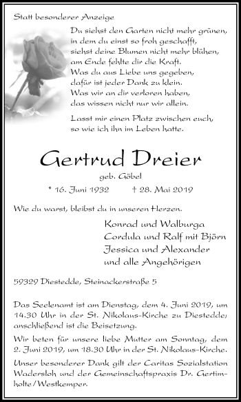 Traueranzeige von Gertrud Dreier von Die Glocke