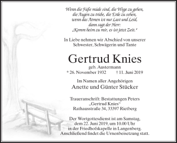 Traueranzeige von Gertrud Knies von Die Glocke